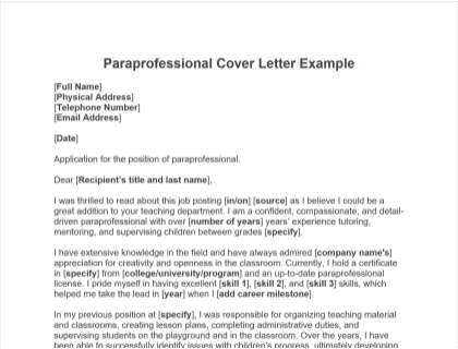 sample cover letter for paraprofessional