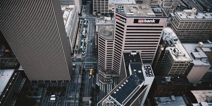 An aerial view of a banking center.