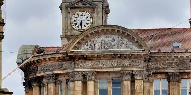 A view of the clocktower of the Birmingham Museum and Art Gallery.