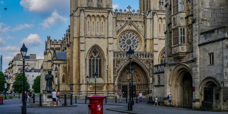 A street view of Bristol Cathedral in Bristol, South West England.