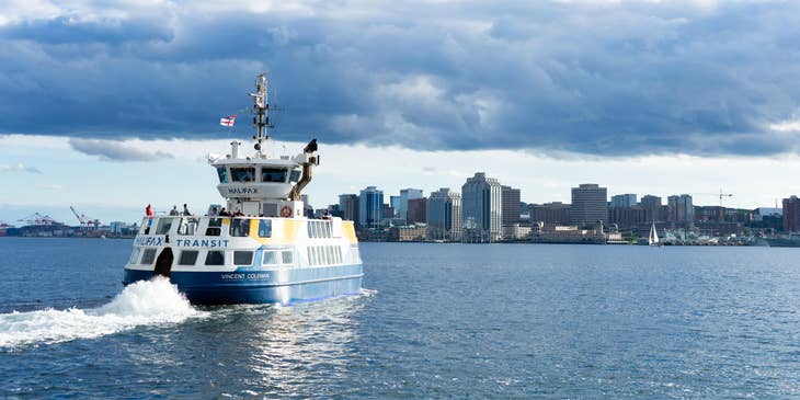 A view of a ferry approaching Halifax city.