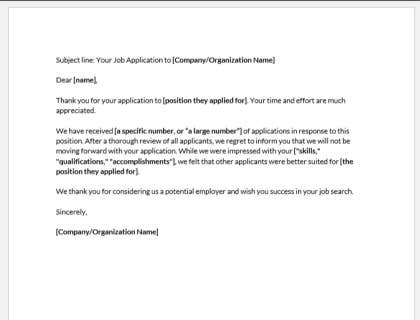Thank You For Applying Email Template Rejection