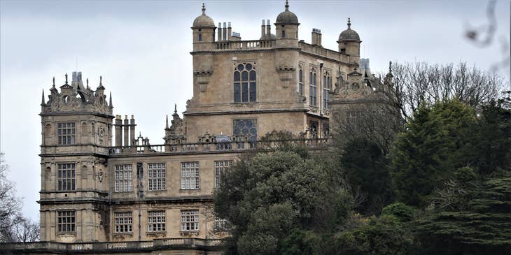 A garden view of Wollaton Hall in Wollaton Park, situated in Nottingham, East Midlands.
