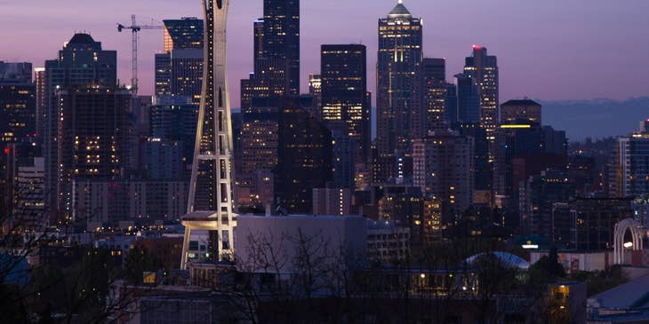 The Seattle skyline at dusk.