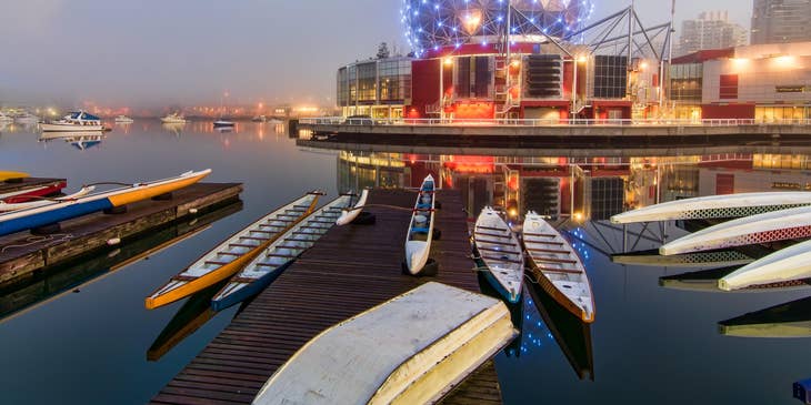 Canoes beside dock in British Columbia