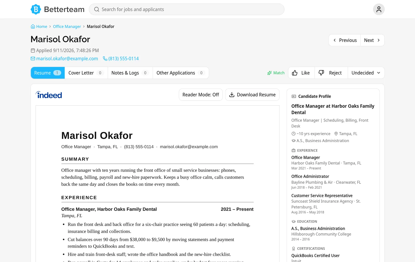 An office manager's resume open in Betterteam, with a profile of experience, location, and education beside it, and Like, Reject, and Next buttons