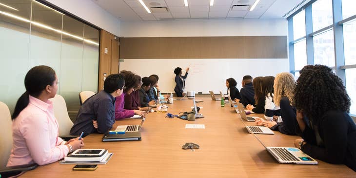 Director of Operations recalibrating her team in terms of the daily targets inside the meeting room