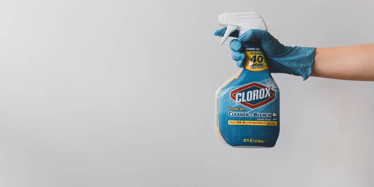 Domestic Engineer holding a bottle of bleach cleaner