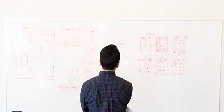 IT Architect looking at the network system design written at the whiteboard before implementing the upgrades