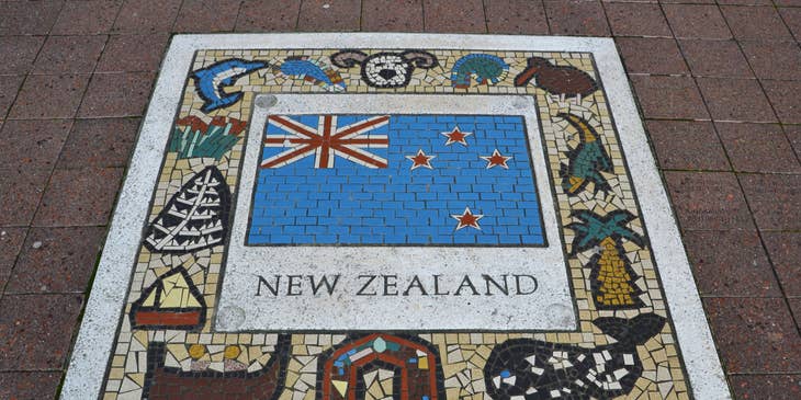 Tiled representation of the New Zealand flag and name.