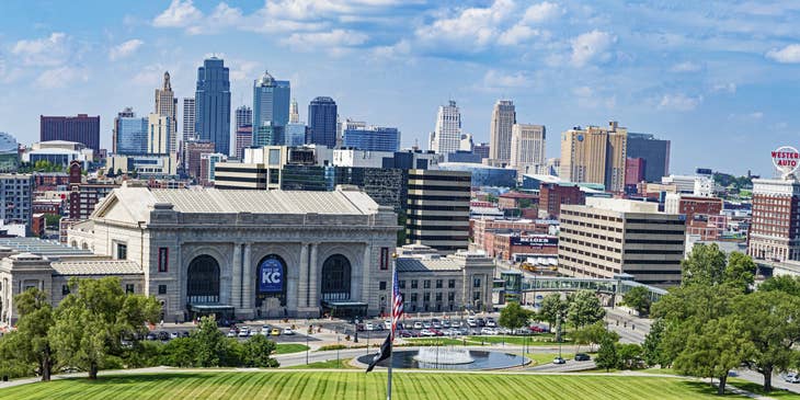 A view of Kansas City with Union Station in the foreground.