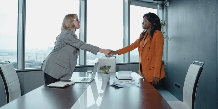 Liaison shaking hands with the client after a productive meeting