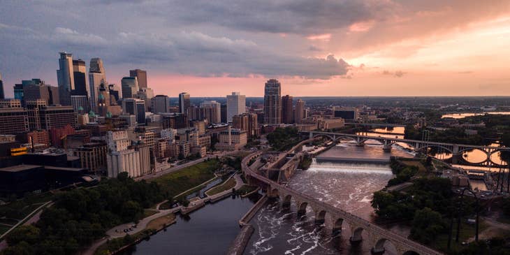 An aerial view of Minneapolis at dusk.