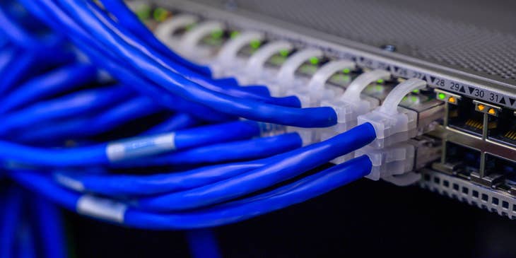Blue internet cables connected to server ports