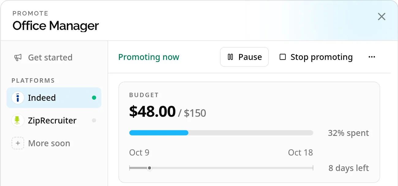 Promoting an Office Manager job on Indeed from Betterteam: $48 of a $150 budget spent, 8 days left, with Pause and Stop promoting buttons