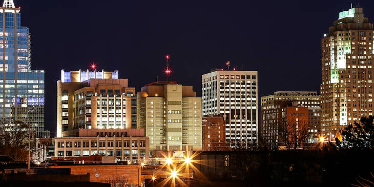 The cityscape of Raleigh, North Carolina at night.