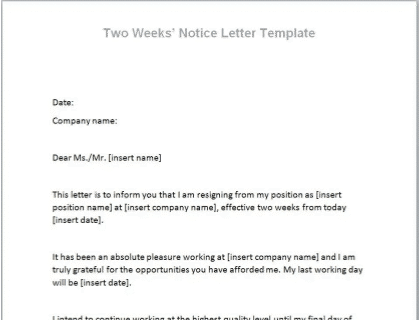 two weeks notice letter samples